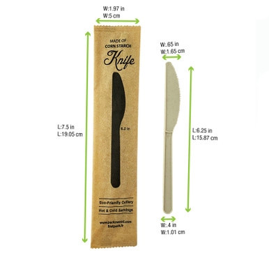 Compostable & Heat Proof Corn - Bamboo Fiber Knife Individually Wrapped In a Paper Wrapper - L:6in W:1.97in - 500 pcs