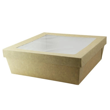 Kraft Kray Boxes with PET Window Lid - 132oz L:8.7in W:8.7in H:3.2in - 100 pcs