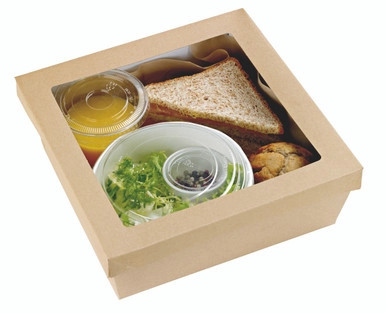 Kraft Kray Boxes with PET Window Lid - 132oz L:8.7in W:8.7in H:3.2in - 100 pcs