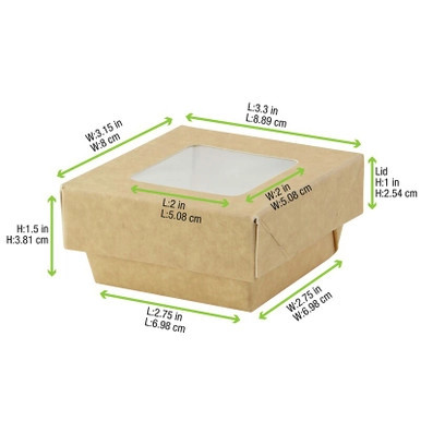 Kraft Kray Boxes with PET Window Lid - 7oz L:2.8in W:2.8in H:1.6in - 250 pcs