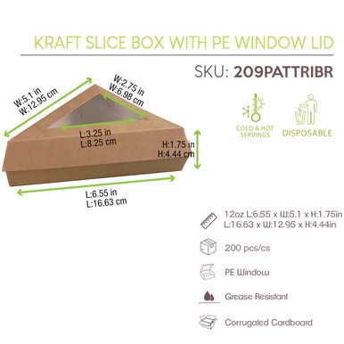 Kraft Slice Box with PE Window Lid - 12oz L:6.6in W:6.6in H:5.1in - 200 pcs