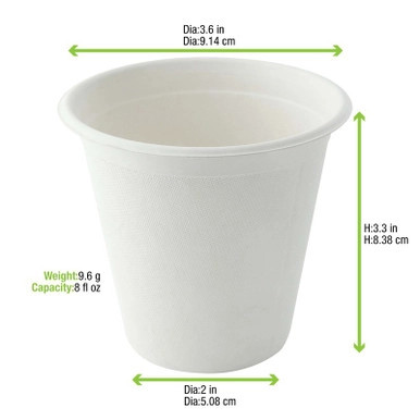 White Sugarcane Cup - 8oz D:3.15in - 1000 pcs