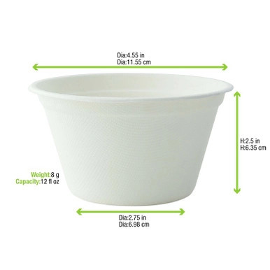 White Sugarcane Takeout Bowl - 12oz D:4.3in - 500 pcs