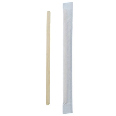 Individually wrapped wooden coffee stirrers with rounded end in dispenser box - L:5.5in - 5000 pcs Individually wrapped wooden coffee stirrers with rounded end in dispenser box - L:5.5in - 5000 pcs
