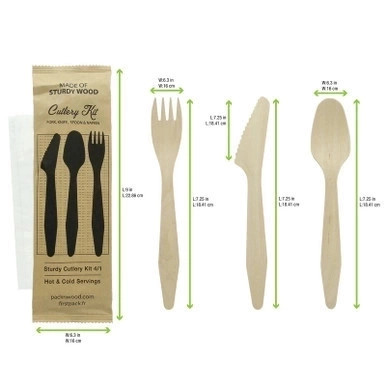 Heavy Weight Wooden Cutlery 4/1 Kit (Knife + Fork + Spoon + Napkin) - L:7.3in - 250 kits Heavy Weight Wooden Cutlery 4/1 Kit (Knife + Fork + Spoon + Napkin) - L:7.3in - 250 kits