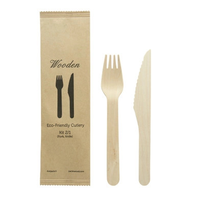 Wooden Cutlery 2/1 kit (Knife + Fork) - L:6.2in - 250 pcs Wooden Cutlery 2/1 kit (Knife + Fork) - L:6.2in - 250 pcs