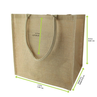 Natural Reusable carrier jute bag with handle - W:15in Gusset:13in H:15in - 20 pcs
