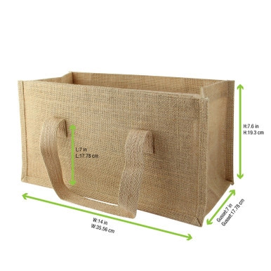 Natural Reusable carrier jute bag with handle - W:14in Gusset:7.1in 7.5in - 20 pcs