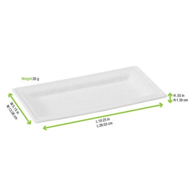 Rectangular White Sugarcane Plate - L:10in W:5in - 500 pcs