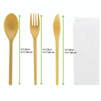 Wood Fiber Composite Reusable Cutlery 4/1 kit (Knife + Fork + Spoon + Napkin) - L:7.08in - 250 pcs