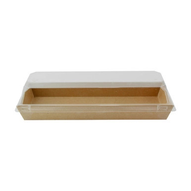 Sushi box in kraft with PET lid - 14oz Base: L:8.5in W:3in H:1in Lid: L:8.8in W:3.4in H:1.2in - 300 pcs