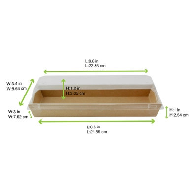 Sushi box in kraft with PET lid - 14oz Base: L:8.5in W:3in H:1in Lid: L:8.8in W:3.4in H:1.2in - 300 pcs