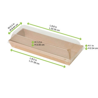 Sushi box in kraft with PET lid - 14oz Base: L:8.5in W:3in H:1in Lid: L:8.8in W:3.4in H:1.2in - 300 pcs
