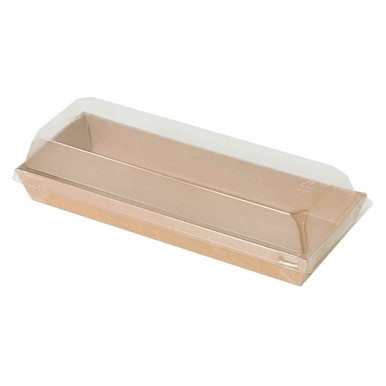 Sushi box in kraft with PET lid - 14oz Base: L:8.5in W:3in H:1in Lid: L:8.8in W:3.4in H:1.2in - 300 pcs