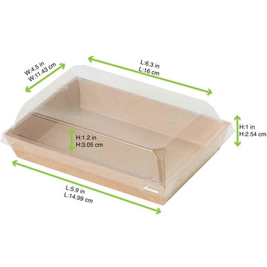 Sushi box in kraft with PET lid - 14oz Base: L:5.9in W:4.1in H:1in Lid: L:6.3in W:4.5in H:1.2in - 300 pcs