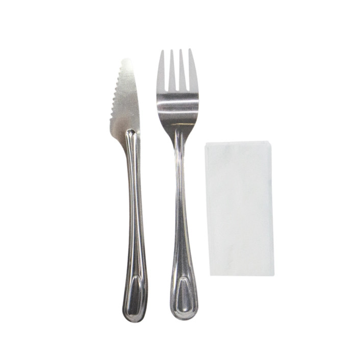 3/1 Reusable Stainless steel cutlery kit with paper wrapped - L:8.17in - 250 pcs 3/1 Reusable Stainless steel cutlery kit with paper wrapped - L:8.17in - 250 pcs