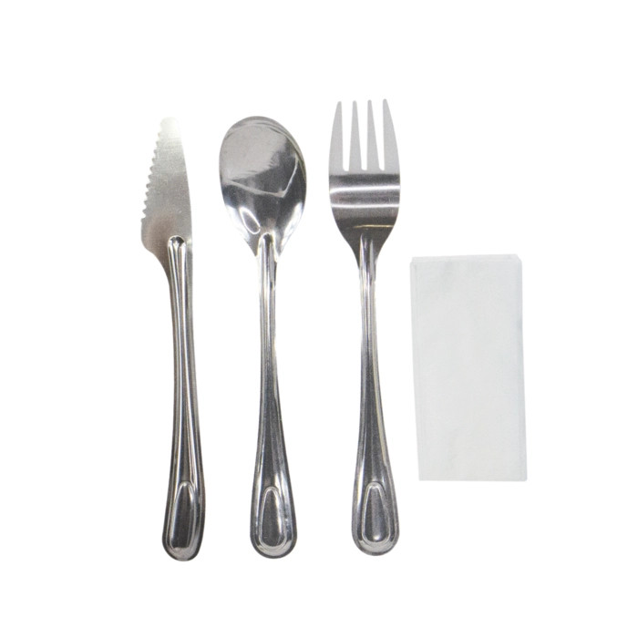 4/1 Reusable Stainless steel cutlery kit with paper wrapped - L:8.17in - 250 pcs 4/1 Reusable Stainless steel cutlery kit with paper wrapped - L:8.17in - 250 pcs