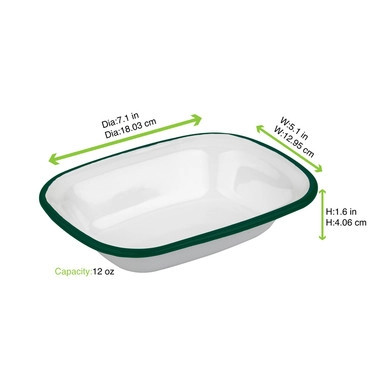 Enamel reusable deep dish white w/green rim - 12oz D:7.1in  L:5.1in H:1.6in - 12 pcs