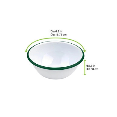 Enamel reusable bowl white wi/green rim - 19oz D:6.2in H:2.6in - 12 pcs