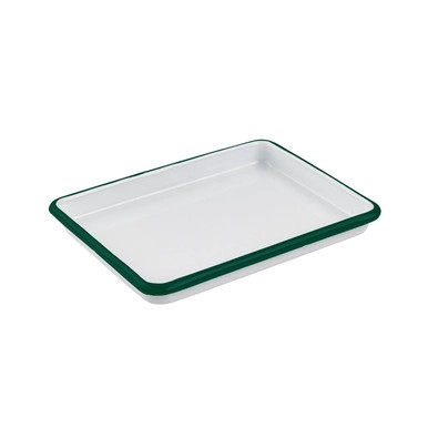 Enamel reusable rectangular tray white w/green rim - L:6.5in W:4.8in H:1in - 12 pcs