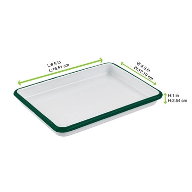 Enamel reusable rectangular tray white w/green rim - L:6.5in W:4.8in H:1in - 12 pcs