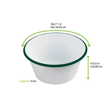 Enamel reusable deep bowl straight side white w/green rim - 51oz D:7.1in H:3.5in - 12 pcs