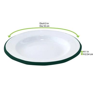 Enamel reusable plate white w/green rim - D:6.3in H:1in - 12 pcs