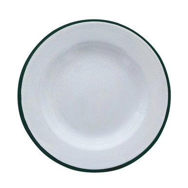 Enamel reusable plate white w/green rim - D:6.3in H:1in - 12 pcs