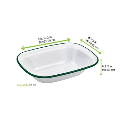 Enamel reusable deep dish white w/green rim - 37oz D:10.2in L:7.5in H:2.2in - 12 pcs