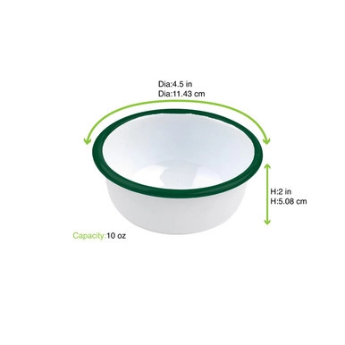 Enamel reusable deep bowl straight side white w/green rim - 10oz D:4.5in H:2in - 12 pcs