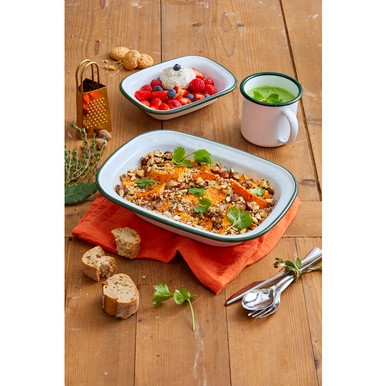 Enamel reusable deep bowl straight side white w/green rim - 10oz D:4.5in H:2in - 12 pcs