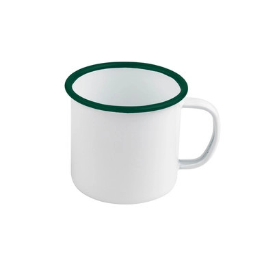 Enamel reusable mug white w/green rim - 8oz D:3.5in H:2.8in - 12 pcs
