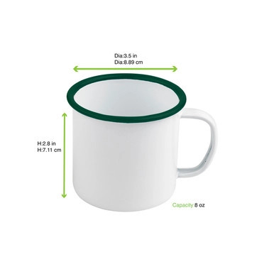Enamel reusable mug white w/green rim - 8oz D:3.5in H:2.8in - 12 pcs