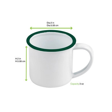 Enamel reusable mini mug white w/green rim - 3oz D:2in H:2in - 12 pcs