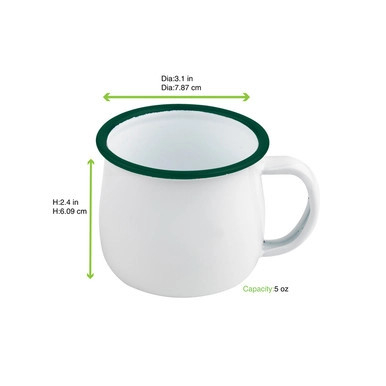 Enamel reusable mug white w/green rim - 5oz D:3.1in H:2.4in - 12 pcs