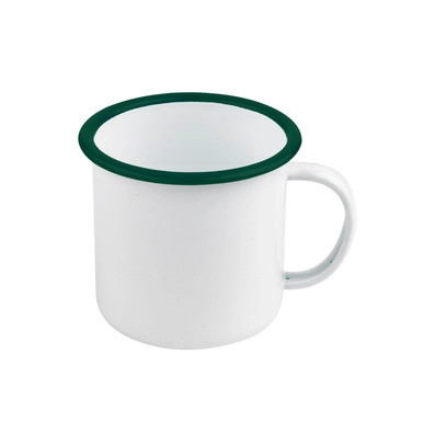 Enamel reusable mug white w/green rim - 17oz D:4.7in H:3.5in - 12 pcs