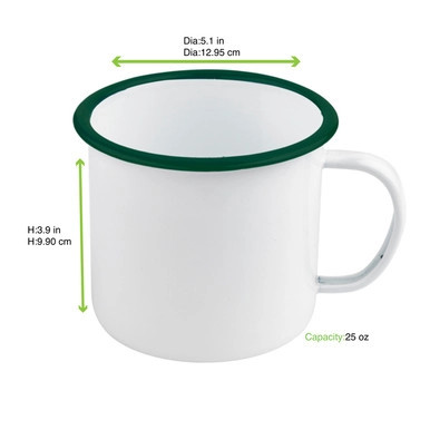 Enamel reusable mug white w/green rim - 25oz D:5.1in H:3.9in - 12 pcs