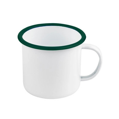 Enamel reusable mug white w/green rim - 12oz D:3.9in H:3in - 12 pcs