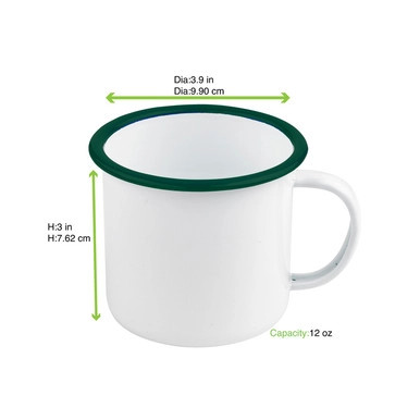 Enamel reusable mug white w/green rim - 12oz D:3.9in H:3in - 12 pcs