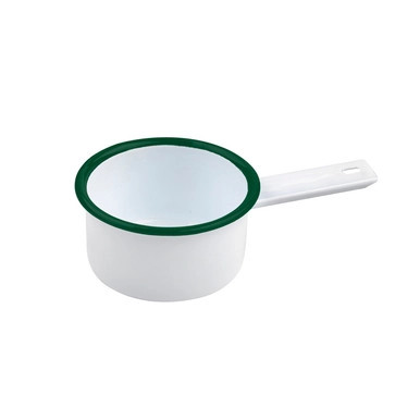 Enamel reusable mini saucepan white w/green rim - 7oz D:3.54in H:1.85in - 12 pcs