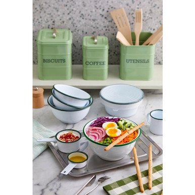 Enamel reusable mini saucepan white w/green rim - 7oz D:3.54in H:1.85in - 12 pcs