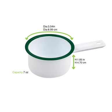 Enamel reusable mini saucepan white w/green rim - 7oz D:3.54in H:1.85in - 12 pcs