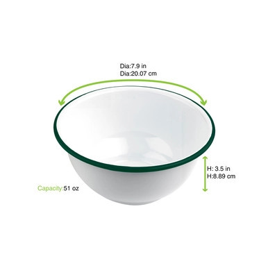 Enamel reusable deep bowl white w/green rim - 51oz D:7.9in H:3.5in - 12 pcs