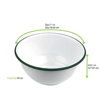 Enamel reusable deep bowl white w/green rim - 34oz D:7.1in H:3.1in - 12 pcs