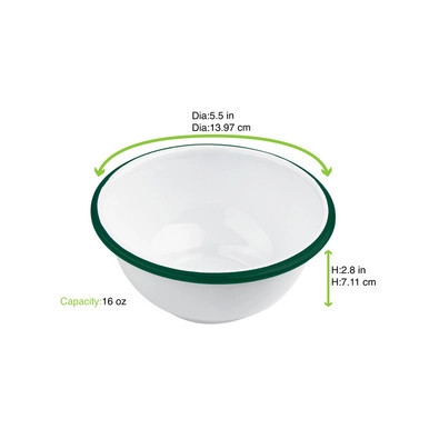 Enamel reusable deep bowl white w/green rim - 16oz D:5.5in H:2.8in - 12 pcs