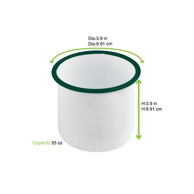 Enamel reusable delipot straight side white w/green rim - 25oz D:3.9in H:3.9in - 12 pcs