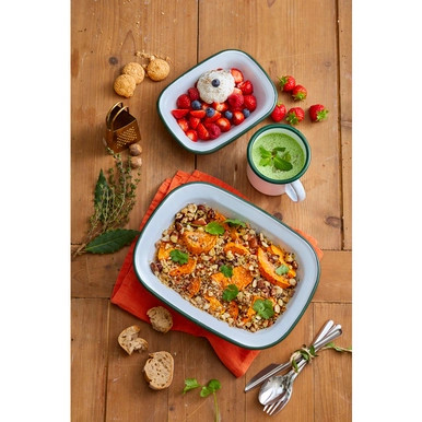 Enamel reusable delipot straight side white w/green rim - 25oz D:3.9in H:3.9in - 12 pcs