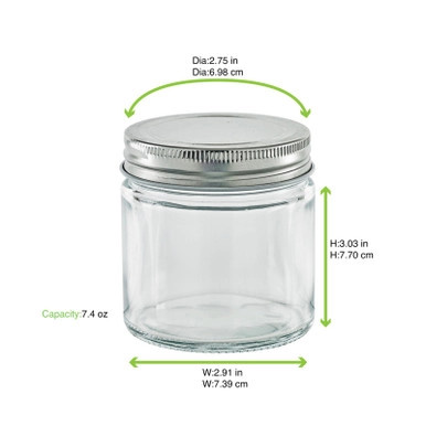 Round reusable jar glass with aluminium cap - 7.4oz D:2.75in W:2.91in H:3.03in - 80 pcs