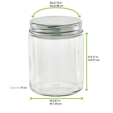 Round reusable jar glass with aluminium cap - 10oz D:2.75in W:2.87in H:3.77in - 60 pcs Round reusable jar glass with aluminium cap - 10oz D:2.75in W:2.87in H:3.77in - 60 pcs