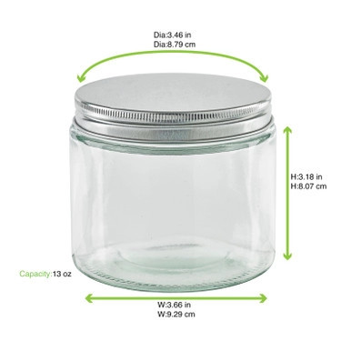 Round reusable jar glass with aluminium cap - 13oz D:3.46in W:3.66in H:3.18in - 50 pcs